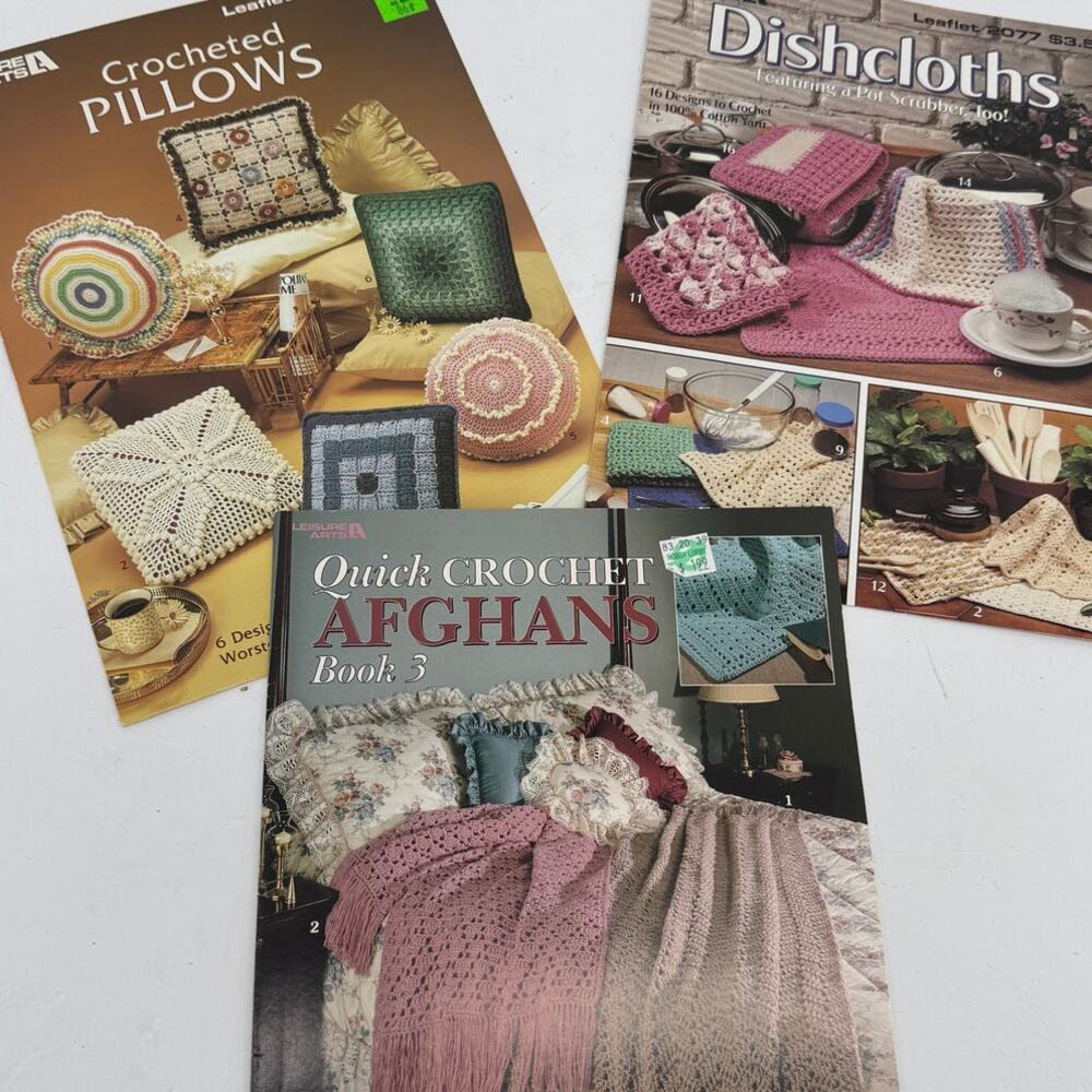 Leisure Arts Crochet Pattern Leaflets Lot 3 Afghans Pillows Dishcloths Vintage